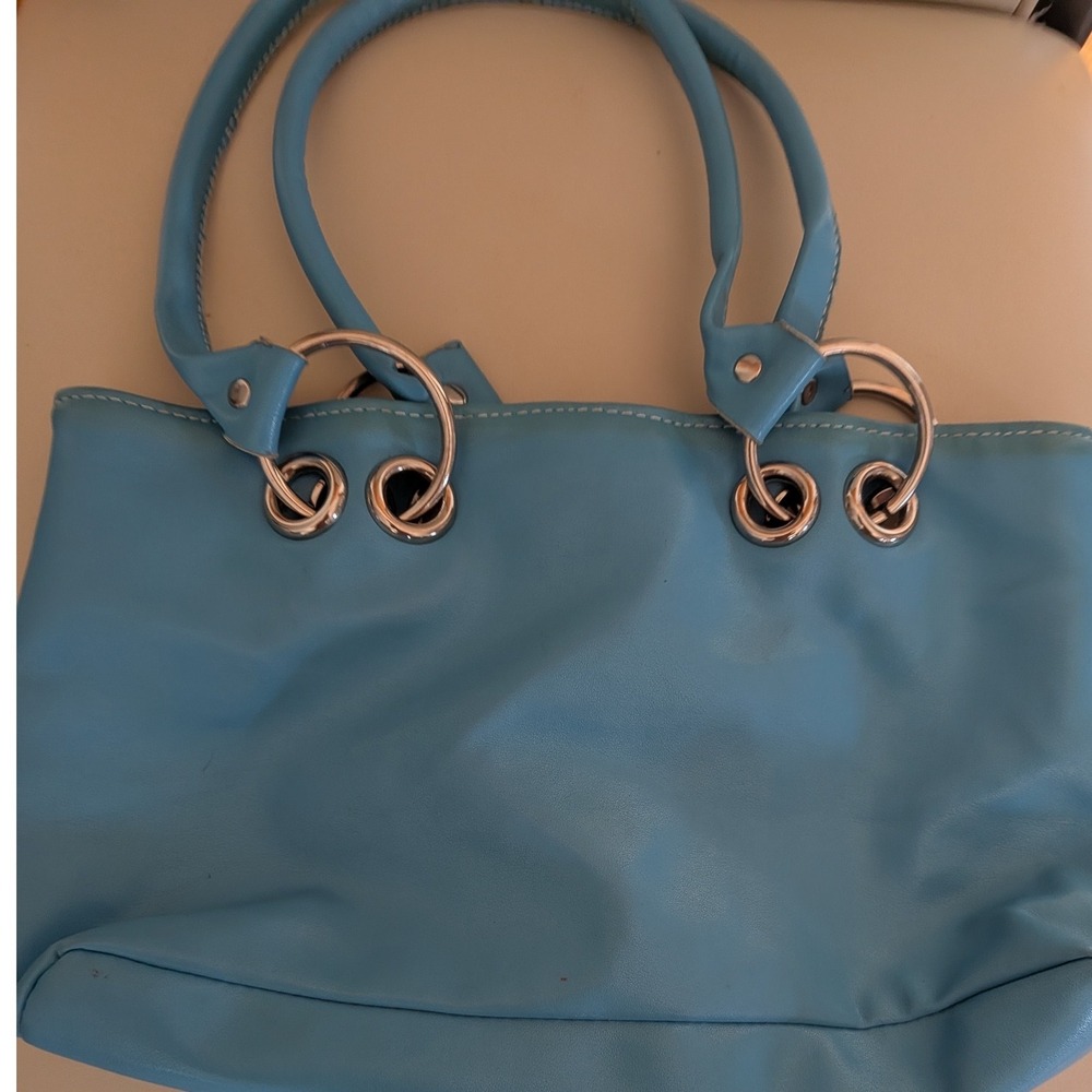 Giannini Turquoise Blue Faux Leather Shoulder Bag‎ Tote Silver Ring Hardware